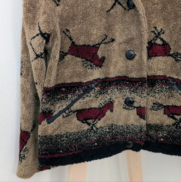 Vintage 90's Equestrian Collared Button Down Fleece Jacket In Tan/Black/Burgundy - Picture 6 of 11